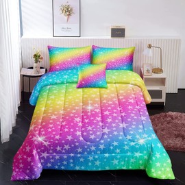 ROWADALO 5 Pieces Rainbow Glitter Comforter Set Twin Size Galaxy Starry Sky Bedding Sets 5 Pieces Bed in A Bag for Kids Teen Girls Ultra Soft All-Season Girls Sparkles Comforter Set,DJT-GB5004-Twin