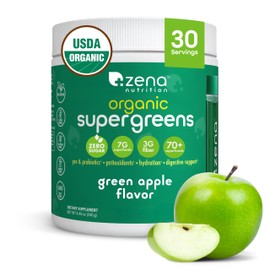 Zena Fit Nutrition Zena Organic Super Greens Powder, 70+ Superfoods Drink Mix, 0 Sugar, 3G Fiber, Fruits, Veggies, Spirulina, Chlorella, Antioxidants, Pre & Probiotics, Digestive Enzymes, Green Apple Flavor, 30 Servings