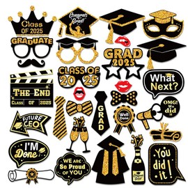 Losuya 30pcs Black Gold 2025 Graduation Photo Booth Props Congrats Grad Class of 2025 Graduate Celebrations Party Props Supplies