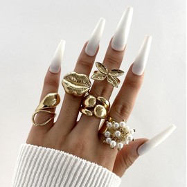 Hanfluenve 5PCS Gold Stackable Rings Set for Women Non Tarnish Chunky Rings Knuckle Joint Finger Knuckle Nail Ring Sets Adjustable Open Ring Cute Trendy Stuff Jewelry for Gift
