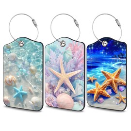 3 Pcs Luggage Tag for Suitcase,Cute Starfish Seashell Coral Beach PU Leather Travel Cruise Luggage Tag with Privacy Flap,Name ID Label and Metal Loop Women Airport Ship Travel Bag Suitcase Backpack