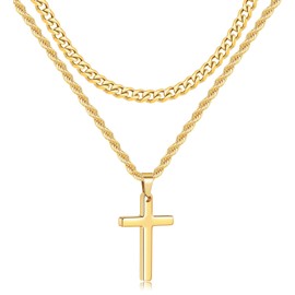 Fiusem Cross Necklace for Men, Gold Plated Mens Cross Necklaces Layered Stainless Steel Pendant Small, Cuban Link Rope Chain 20in/22in