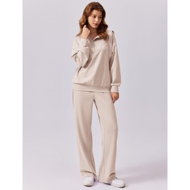 PINSPARK 2 Piece Sets for Women 2025 Fall Trendy Sweatsuit Long Sleeve Pullover Tops and Drawstring Sweatpants Lounge Sets, Apricot Petite M