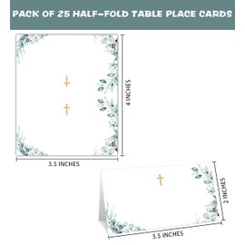 Gihyan Baptism Table Place Card, Gold Foil Greenery Tent Style Cards Set, Eucalyptus Editable Name Cards for Table Seating, 25 Pcs Food Labels for First Holy Communion, Christening, Birthday (01)