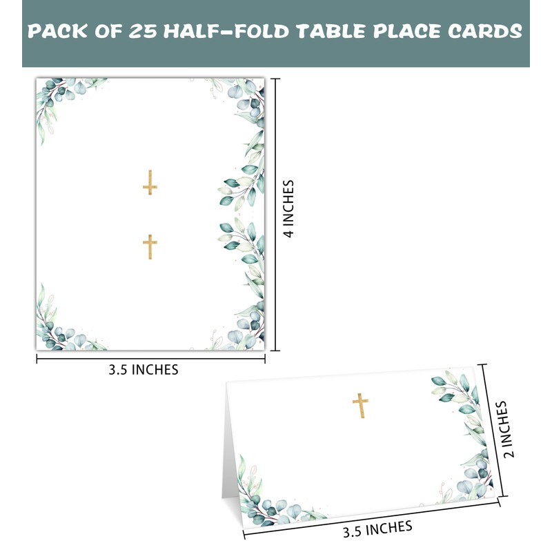 Gihyan Baptism Table Place Card, Gold Foil Greenery Tent Style