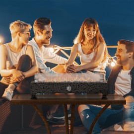 COSIEST 28-Inch Tabletop Fire Pit, Stainless Steel Small Table Fireplace with Rectangular Magnesium Oxide Base, 40,000 BTU Burner, Glass Rocks, Glass Windshield for Patio, Parties, Gray