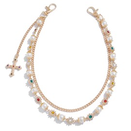 hongliang Layered Gold Silver Wallet Chains with Rhinestone Flower Pearl,Unisex Jean Pocket Chains for Men & Women,Fashion Punk Accessories for Bags,Wallets,Pants