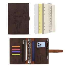 Wonderpool Leather Journal Refillable Binder A6 Writing Notebook Folder Organiser with Dotted Paper & Multi Pockets Cover for Business School Travel (A6, Coffee)