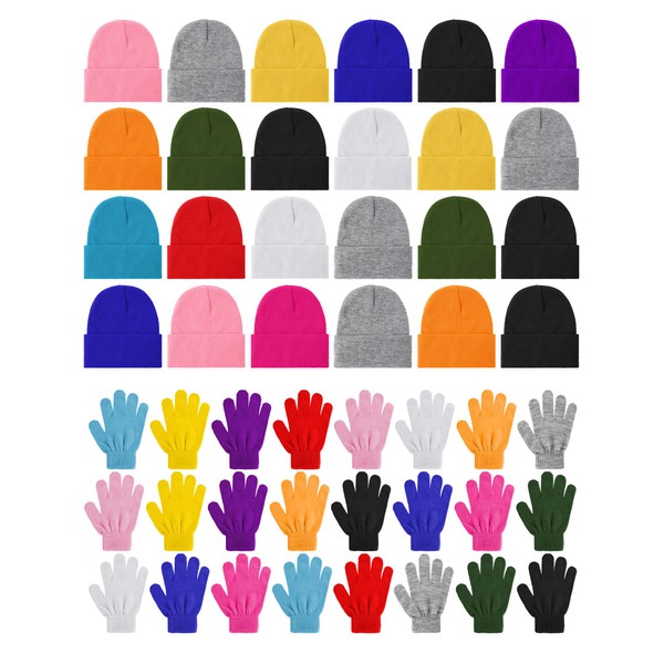 48 Pcs Kids Winter Beanie and Gloves Set Bulk Pack Knit Hat Unisex Magic Gloves Pack Winter Gift for Boy Girl Donation Favor (Multiple Colors)