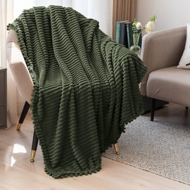 DISSA Fleece Blanket Twin Size – 60x80, Olive Green – Soft, Plush, Fluffy, Fuzzy, Warm, Cozy – Perfect Throw for Couch, Bed, Sofa - with Pompom Fringe - Flannel Blanket Throw Blanket