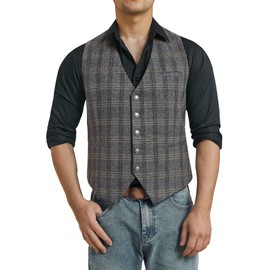 Enlision Waistcoat for Men Vintage Check Tweed Formal Wool Regular Fit Plaid Waistcoat, Grey, XS