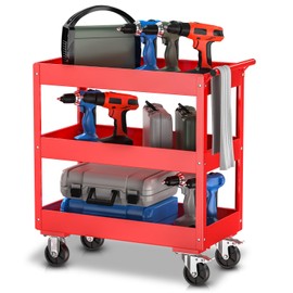 Auto Dynasty 3-Tier Rolling Service Cart 330 lbs Capacity Tool Cart on Wheels Heavy Duty Utility Cart for Warehouse, Garage and Mechanic Work, Red