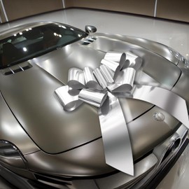 Rozozo Deco Car Bow 30 inch,Giant Gift Bow Pre-Printed with Happy Birthday for Car,Big Bow for Car Huge Car Bow,Big Bow for Gifts with 4 Small Bows-Silver