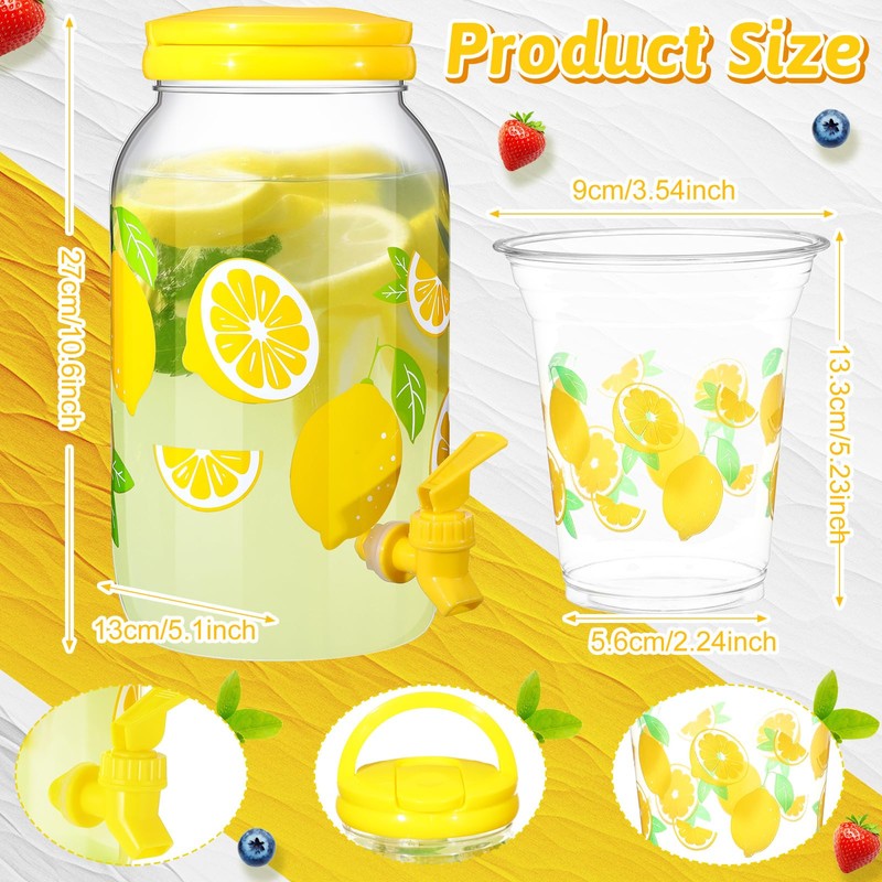 Umigy 1 Gallon Lemon Plastic Drink Dispenser with 100 Pcs