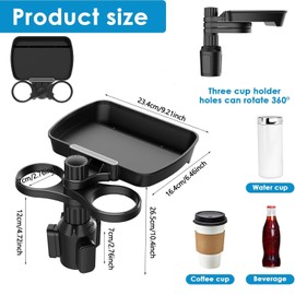 BEANPRECOY Car Cup Holder Expander, 360°Rotation Adjustable Base Car Cup Holder Expander Tray with Dual Cup Holder, Detachable Cup Holder Snack Tray, Universal Car Tray Table