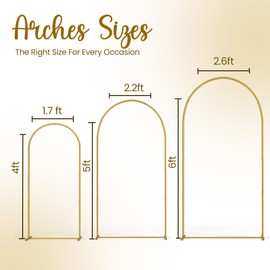 3 Pack Gold Metal Arch Backdrop Stand Set - 6FT, 5FT, 4FT Balloon Stand for Weddings Ceremony, Parties, and Baby Showers - Door Frame Backdrop Stand
