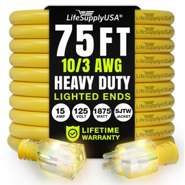 75ft Outdoor/Indoor Extension Cord 10/3 Gauge Ultra Heavy Duty 3 Prong SJTW, Waterproof, Flexible Cold-Resistant Long Power Cord,15A 125V 1875W, Yellow by LifeSupplyUSA