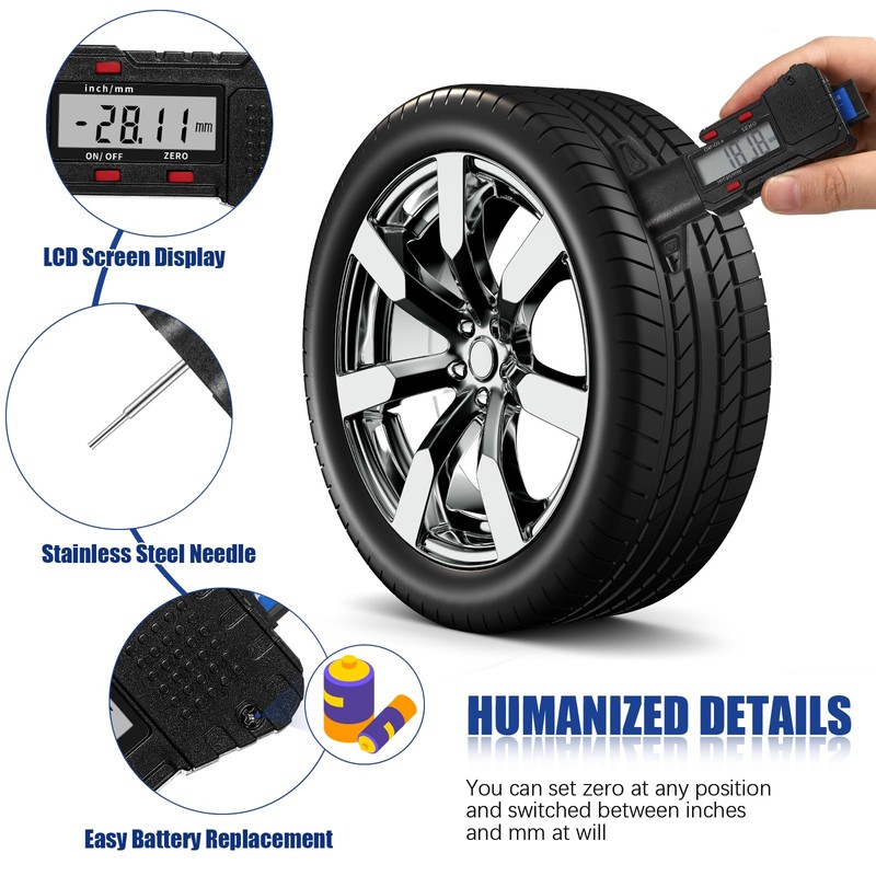Frienda 6 Pieces Tire Tread Depth Gauge Tool Digital LCD