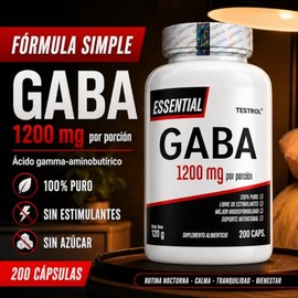 GABA Testrol Essential 1200 mg por porción, 200 cápsulas, 100 porciones, ácido gamma-aminobutírico sin cafeína, apoyo a la relajación nocturna para ad