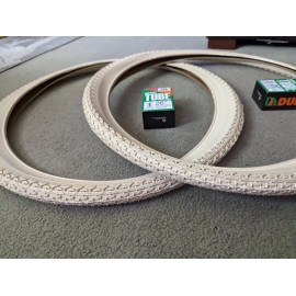 Duro TWO(2) DURO 26X2.125 BEACH CRUISER BICYCLE TIRES DIAMOND PATTERN & TUBES, CREAM