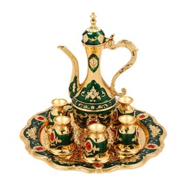 Turkish Tea Set, Vintage Turkish Coffee Set with Pot, Tray and 6 Cups, Turkish Coffee Cup Set for Birthday Home Decor, Tea Steeping (Gold, Green)