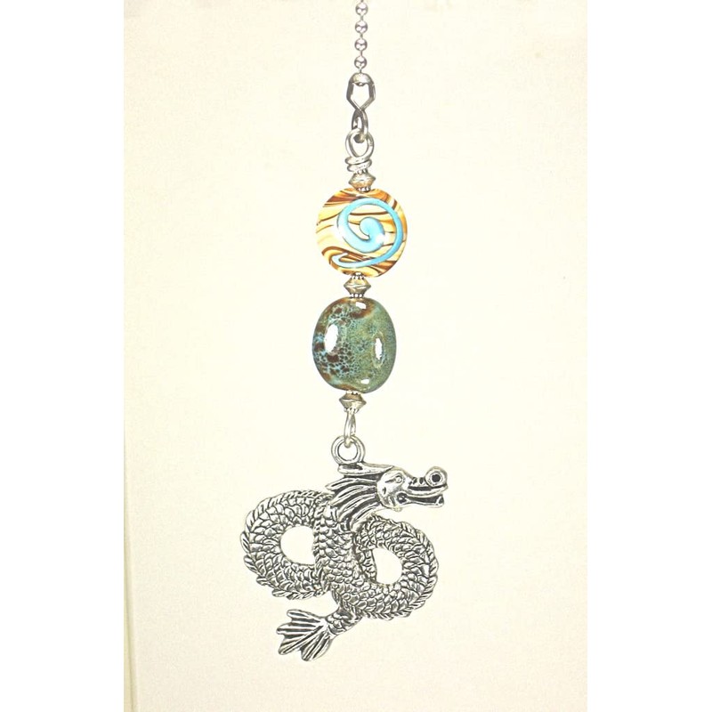 Silvery Dragon with Turquoise Blue Lampwork Glass Ceiling Fan Pull