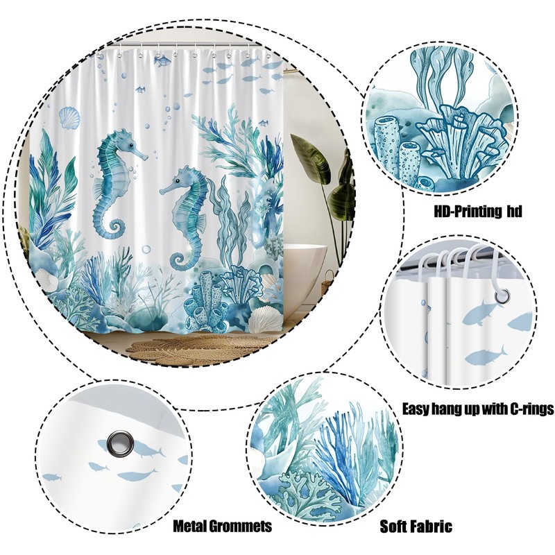Coastal Seahorse Shower Curtain Nautical Fish Coral Seashell Starfish Beach