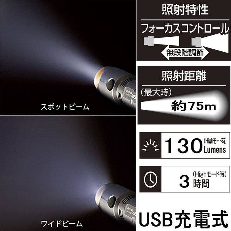 GENTOS(ジェントス) USB充電式懐中電灯 ネクセラ 【明るさ130ルーメン 実用点灯3時間】 NEX-971R