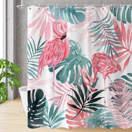 Caheansi Flamingo Shower Curtain, Green Tropical Palm Leaves Monstera Banana Leaves Hot Pink Flamingo Girly Bathroom Curtain Waterproof Fabric Machine Washable with Hooks, 72" Wx72 L