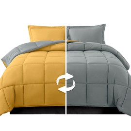 Elegant Comfort 3-Piece Reversible Comforter Set, All Season Cozy, Soft Down Alternative, Quilted - Box Stitched - Duvet Insert with 4 Corner Tabs, Comforter with Shams, Twin XL, Yellow/Gray