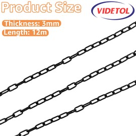 VIDETOL 12 Metres Length 304 Stainless Steel Chain, 3mm Heavy Duty Chain Links, Black Galvanized Steel Welded Link Chain Lift for Fence Gate, Garage Doors, Swing Chain and Bicycle Security Lock
