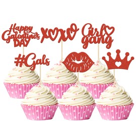 Gyufise 24 Pack Galentine's Day Cake Decorations Red Glitter Happy Galentines Day Cupcake Toppers for Galentine's Day Decoration Friends Galentines Party Decor Valentines Day Party Decorations