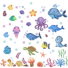 YunBey Wall Sticker Bathroom Under the Sea Wall Sticker Sea Animals Fish Coral Window Sticker Waterproof Wall Sticker for Kitchen, Children's Room, Bathroom