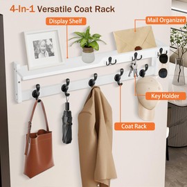 29'' Coat Rack Wall Mount with Shelf, Coat Hanger Wall Mount with Key Hooks and Mail Holder, Wood Entryway Wall Floating Shelf with Hooks and Storage, Hat Rack for Wall Key Holder Mail Organizer