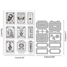 INFUNLY Dark Magic Tarot Clear Stamp and Die Cuts Set Black Snake Tarot Reusable Silicone Stamps Sun and Moon Tarot Transparent Seal Skeleton Cat Rubber Stamps for Card Making DIY Scrapbooking Album