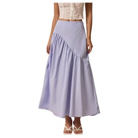Milumia Women's Striped Print Layered Long Skirt Ruffle Flowy A Line Maxi Skirts Blue Large