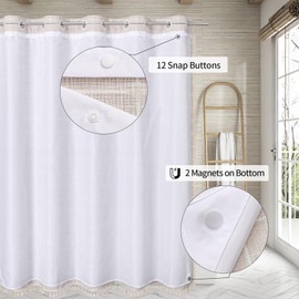 MitoVilla No Hooks Needed Boho Farmhouse Shower Curtain with Snap-in Liner, Cotton Linen Fabric Shower Curtains with Tassels for Rustic Neutral Bathroom Decor, Beige/Cream, 72 x 74