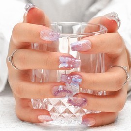 Sethexy Cute Butterfly Medium Coffin False Nail 3D Flowers Handmade False Nails Glitter Pearl False Nails Salon Durable Quality Press On Nail for Women and Girls (T)