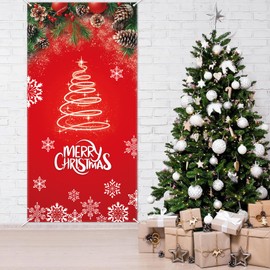 JOFONY Red Christmas Door Cover, Red French Door Curtains with Merry Christmas, 32 72 Inch Glass Door Window Privacy Blackout Curtains for Holiday Party Backdrop Decoration