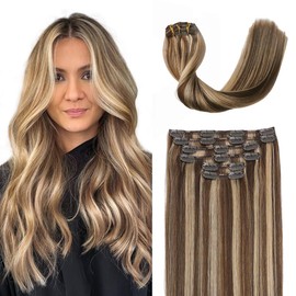 Sindra Clip in Hair Extensions Human Hair Brown Mixed Caramel Blonde 20 Inch 120g Clip in Hair Extensions 6pcs Double Weft Silky Straight Remy Human Hair Eextensions for Women C20#4P27