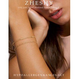 ZHESHY Bracelet Women's Gold Silver Chain Bracelets Set 14k Gold-Plated Charm Bracelet Adjustable Stackable Heart Knot Paper Clip Pearl Bracelet Golden Bracelet Jewellery Women Women, Copper