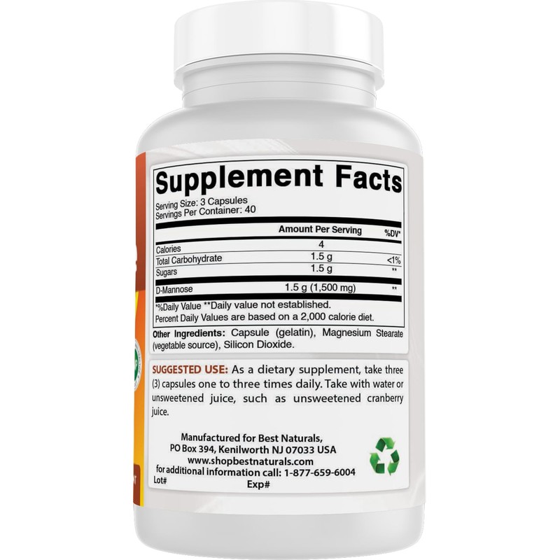 Best Naturals D-Mannose 1500 mg Per Serving 120 Capsules (Pack