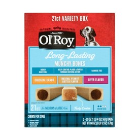 Ol's~Roy Munchy Bones Dog Treats Value Pack, Original Chicken, Liver & Peanut Butter, Long lastin, Tail Waggin Bone Chews ~ (21 Count) ~ (2 Count) ~ (Original Chicken, Liver & Peanut Butter)
