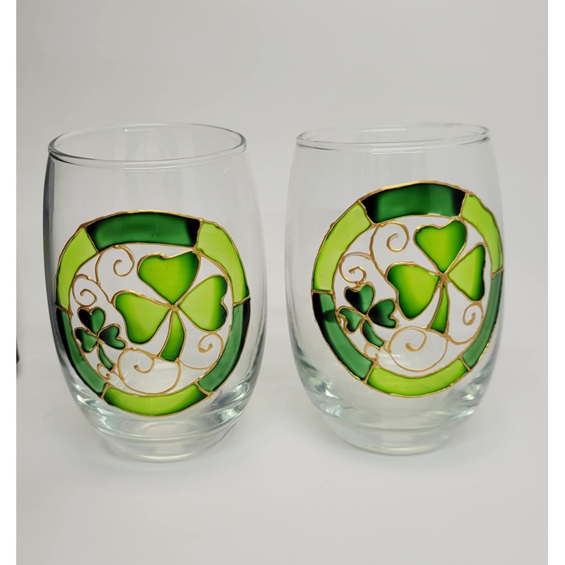 Lucky Green Shamrocks Hand Painted Stemless Wine Glasses Set of