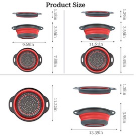 Cluren Collapsible Colander 3-Pack Set Space-Saving Foldable Kitchen Strainer with Non-Slip Base Durable Thickened PP+TPE Collapsible Strainers for Pasta, Vegetables, Fruits (Gray-Red)