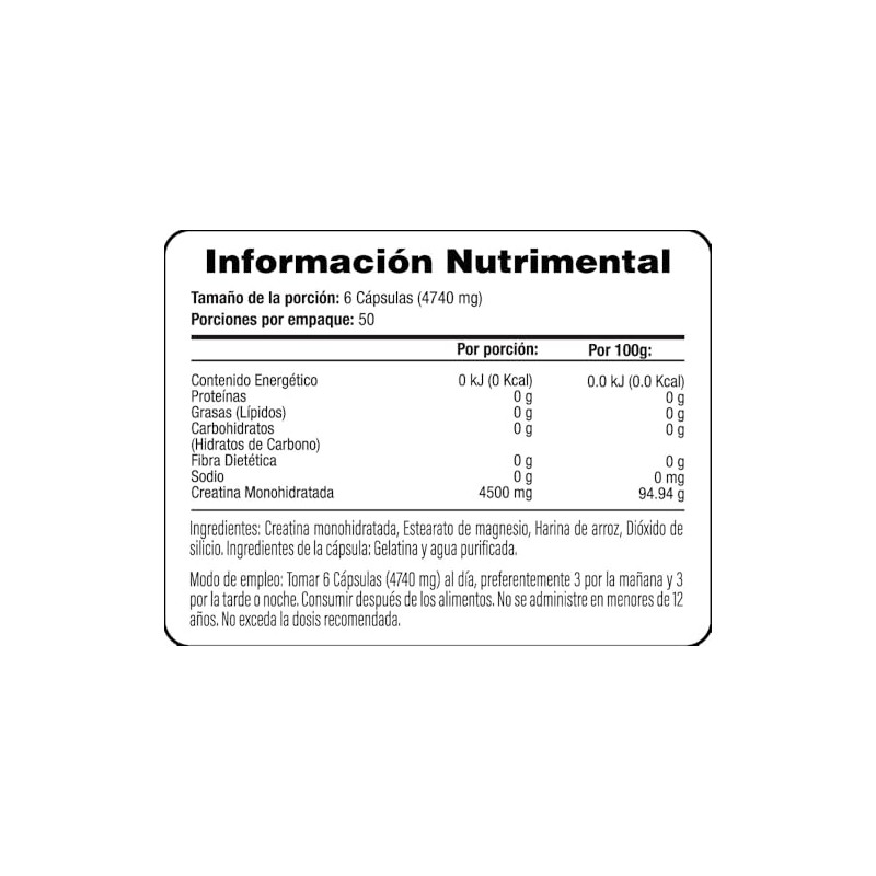 Creatina Monohidratada 4.5g - 300 Cápsulas - Suplemento Alimenticio -