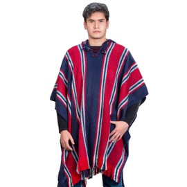 INTI ALPACA Poncho con capucha azul marino y rojo para hombre, capa de capa hecha a mano por artesanos peruanos en lana de alpaca