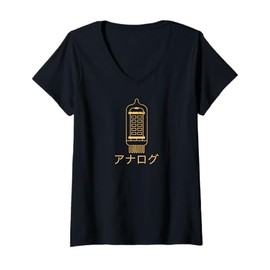 Womens Retro Analog Tube Japanese Katakana Vintage Audiophile Tech V-Neck T-Shirt