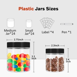 Hajoyful Plastic Jars with Lids 48 Pcs 8 oz & 3.4 oz Clear Plastic Slime Storage Jars Containers with Airtight Black Plastic Screw On Lids Cylinder Clear Round Jars Easy Clean Food Grade Durable Jars