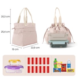 AOTM Small Cooler Bag Beige Lunch Bag Women with Drawstring, Thickened Large Closure Bento Box Insulated Bag, Waterproof/Oil Lining Lunch Bag, Portable Cool Box Small Work/On the Go